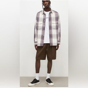 Allsaints Bluefield Check plaid flannel Overshirt in Optic White purple, Size M